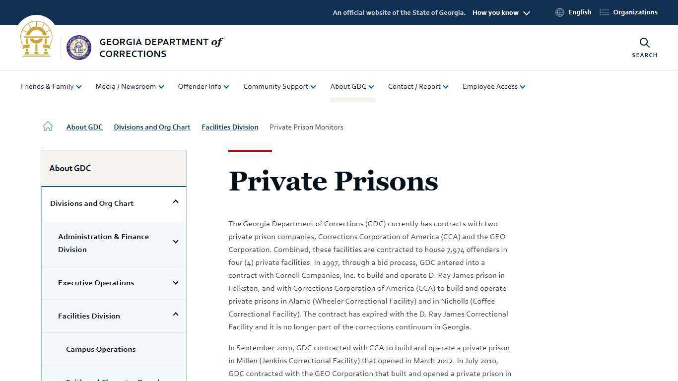 Private Prisons Georgia Department of Corrections